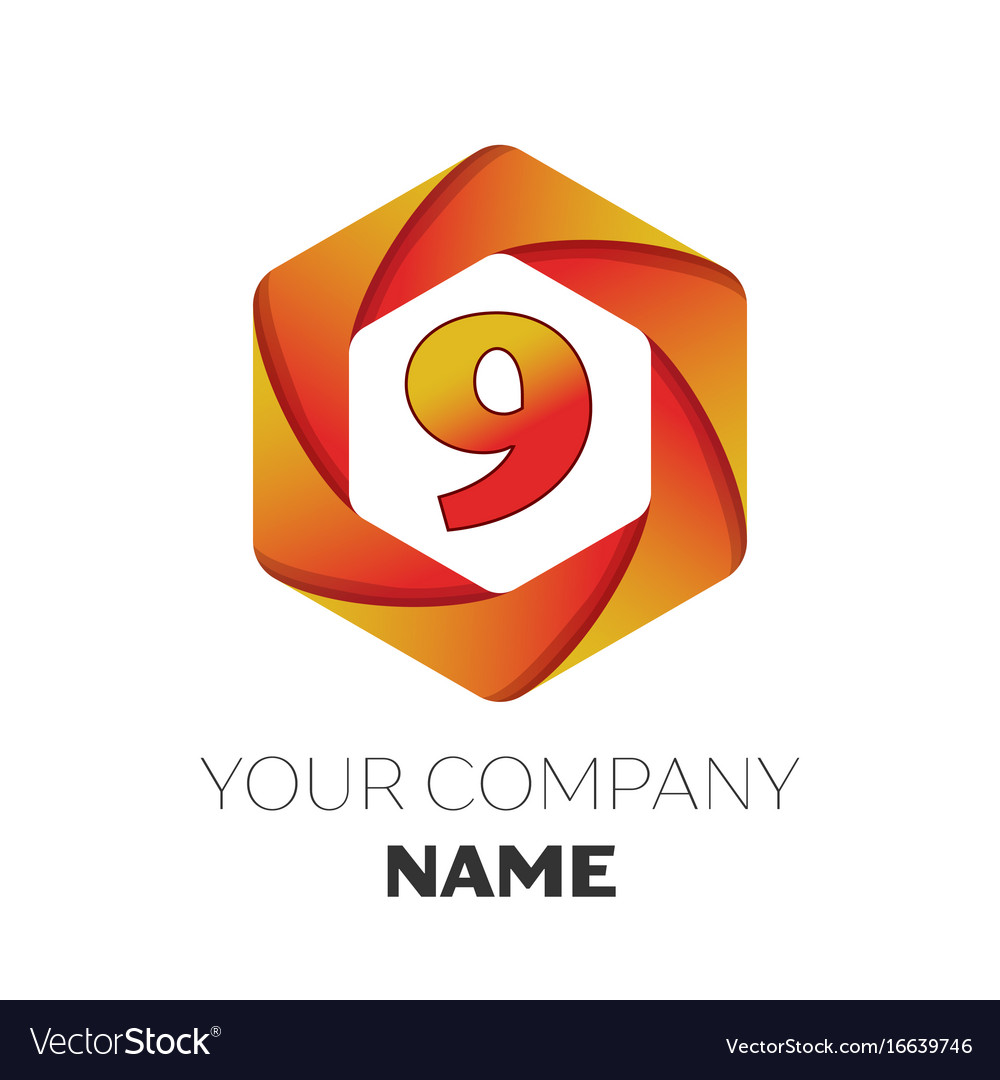 Number nine symbol on colorful hexagonal