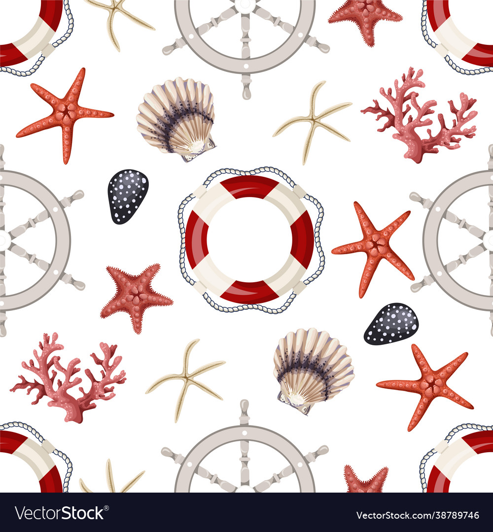 Seamless pattern with starfishes anchors shells vector image Seamless pattern with starfishes anchors shells