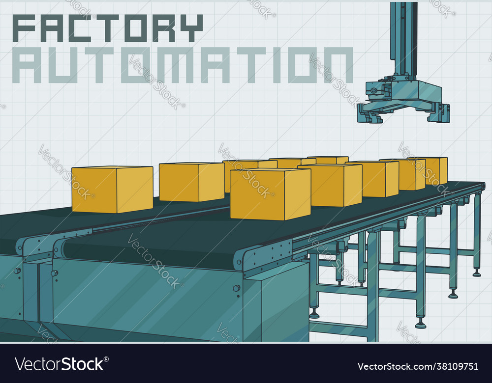 Automated conveyor line with robotic manipulator Vector Image