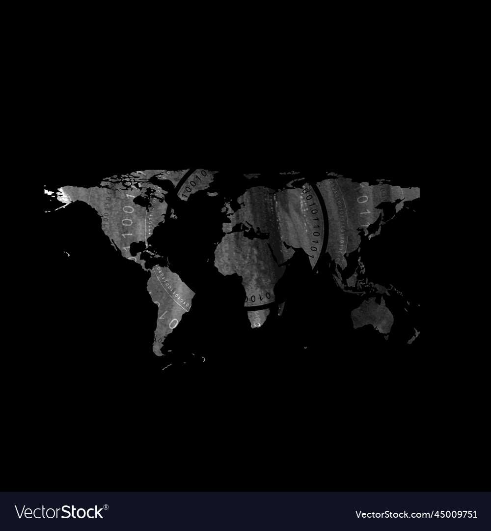 Dark grunge world map with round binary code vector image Dark grunge world map with round binary code