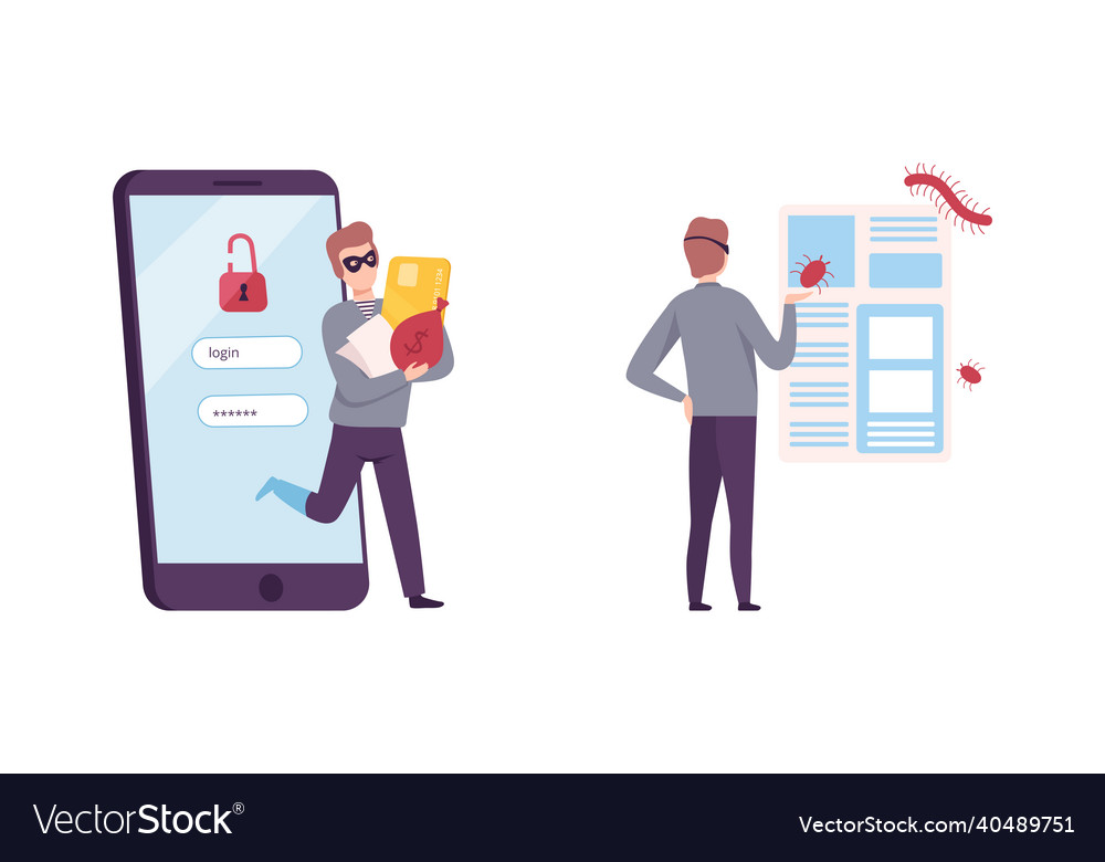 Hacker stealing personal data and money vector image Hacker stealing personal data and money