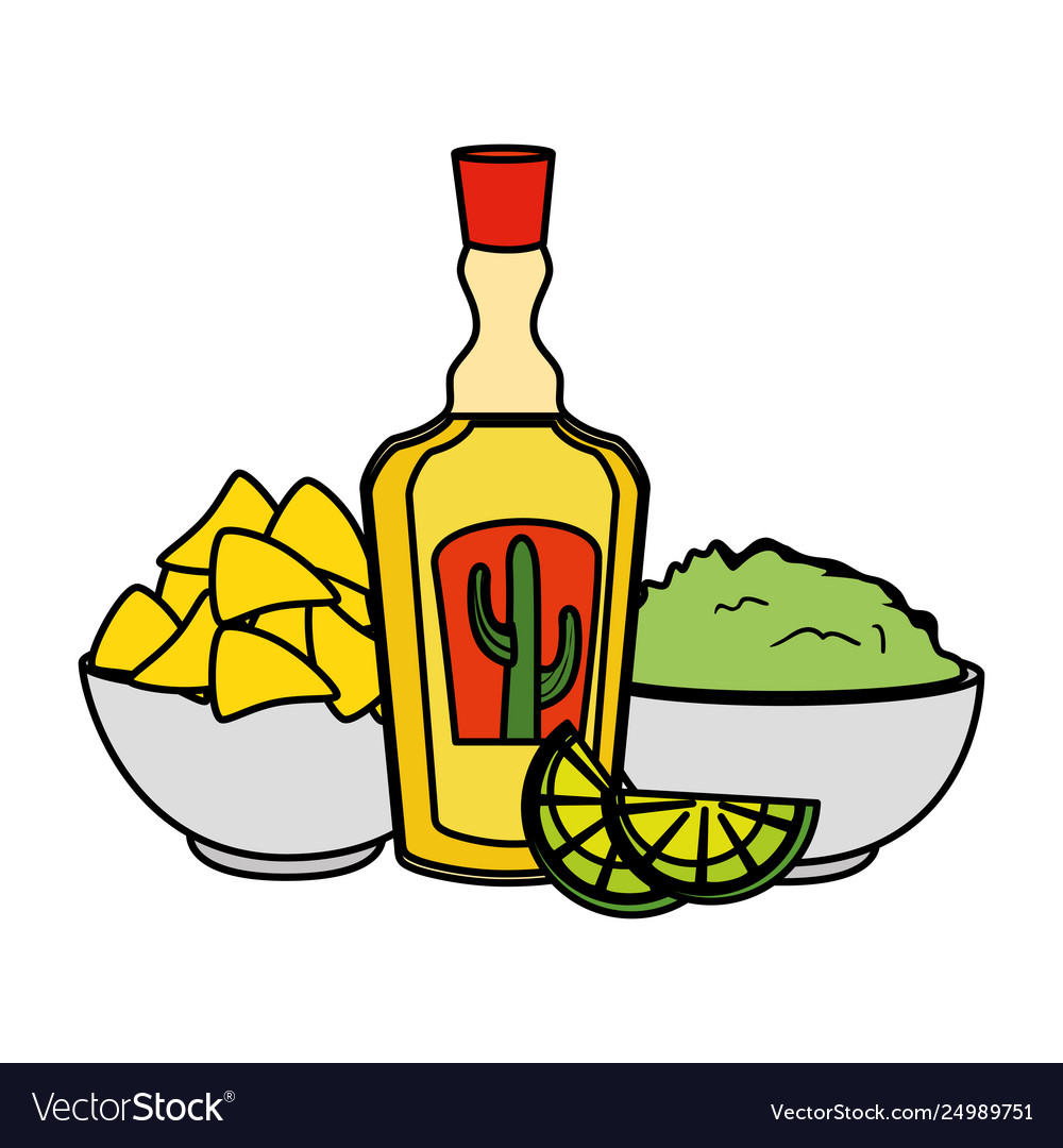 Tequila bottle with nachos and guacamole