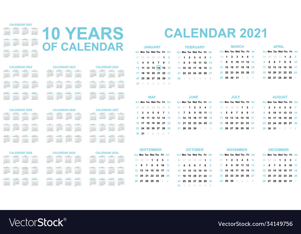 2021-2030 ten years calendar simple blue Vector Image