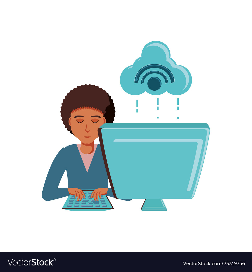 Man black with desktop computer and cloud