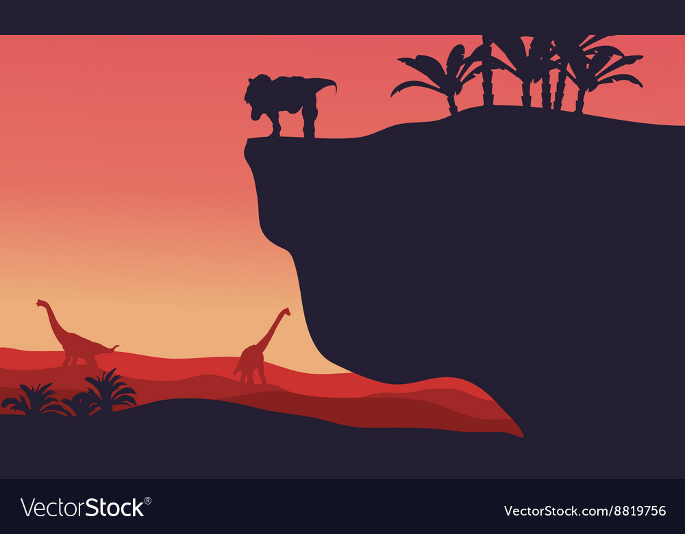 Silhouette of brachiosaurus and t-rex with red