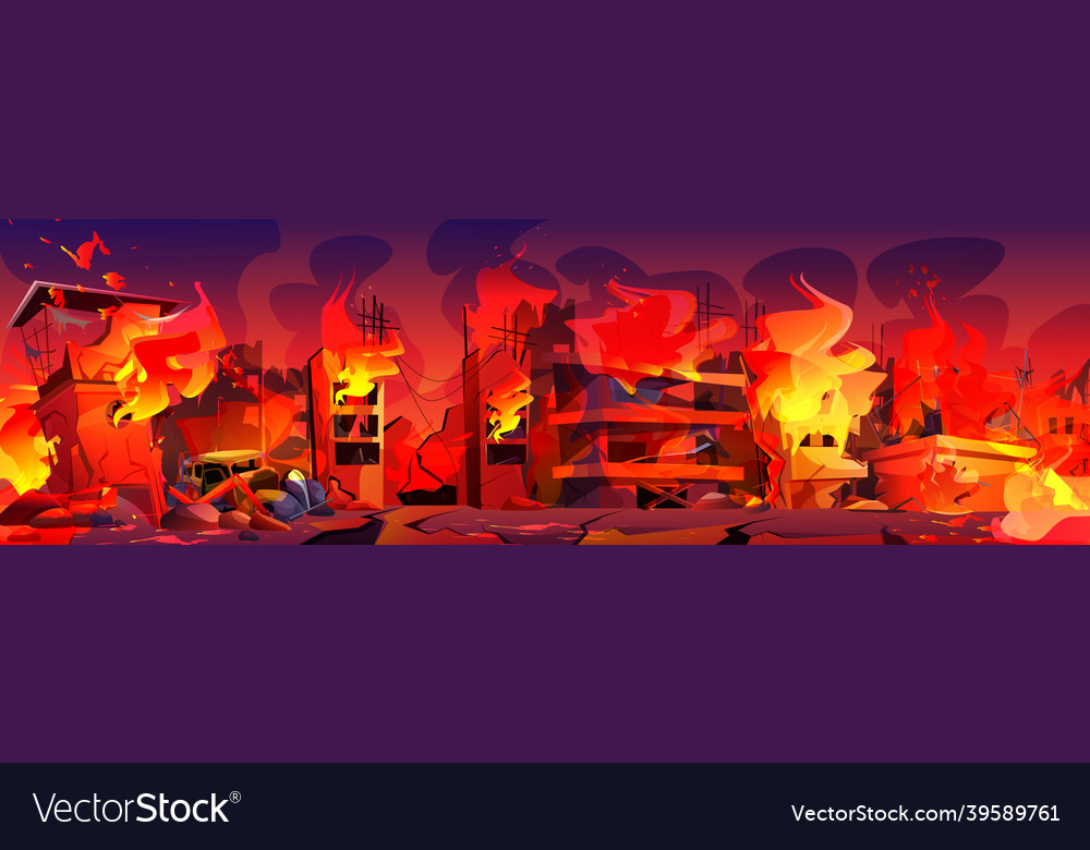 City in fire burning buildings with smoke Vector Image