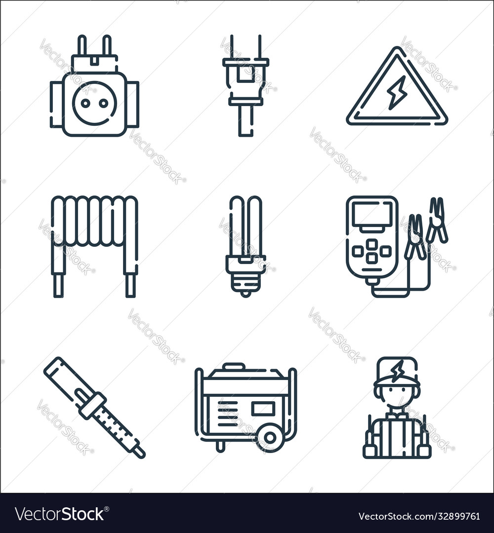 Electrician tools and line icons linear set vector image Electrician tools and line icons linear set