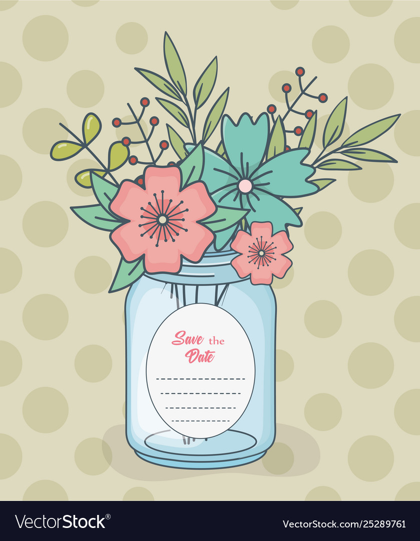 Mason Jar With Floral Decorations And Save Date Vector Image