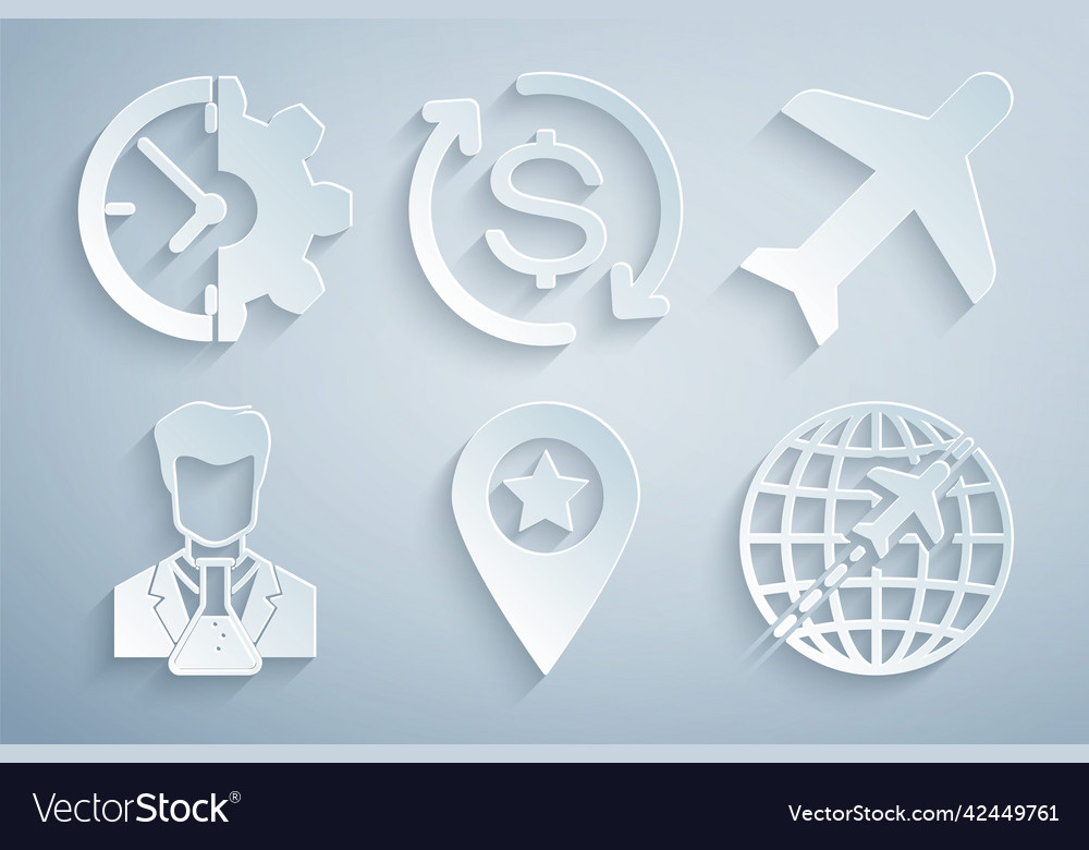 Set location with star plane scientist and test vector image Set location with star plane scientist and test