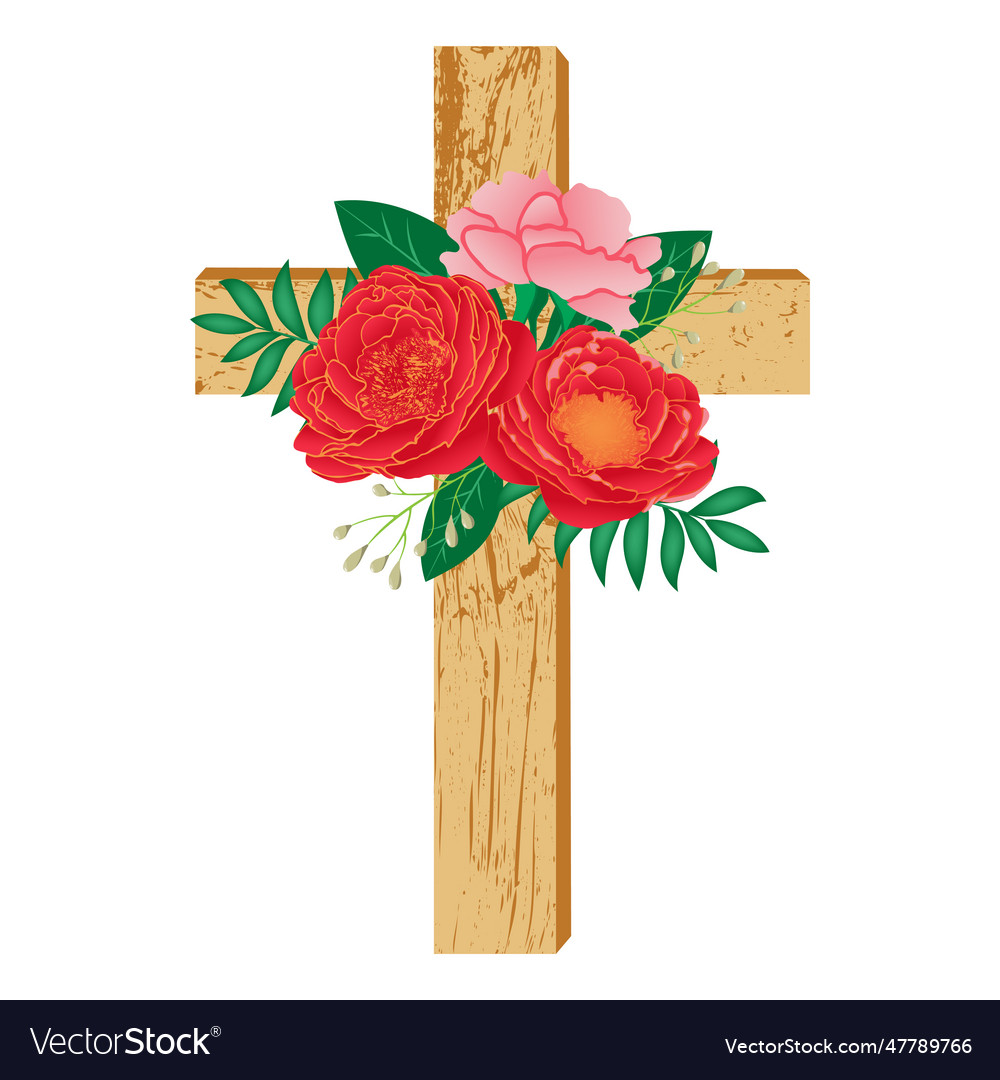 Baptism cross with red flowers wooden cross Vector Image