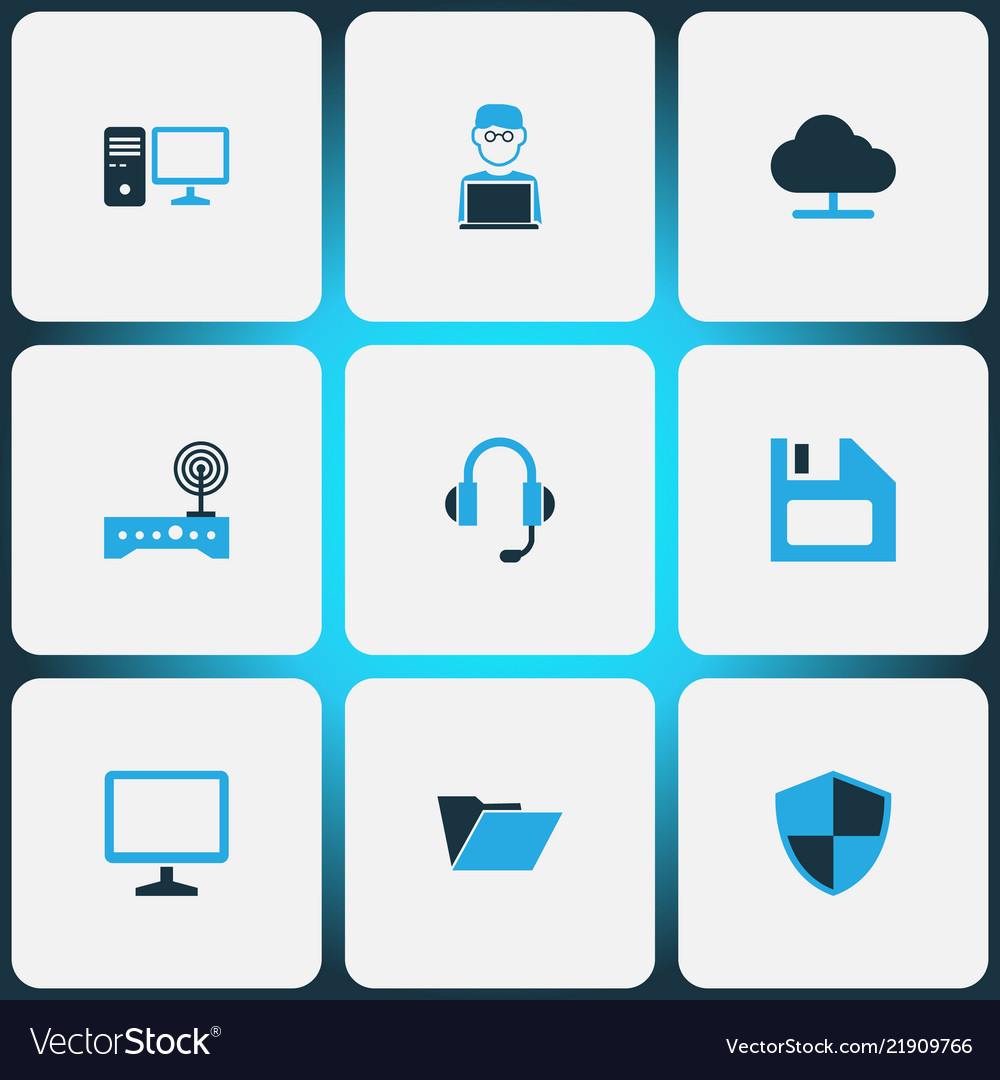 Computer icons colored set with wifi pc shield