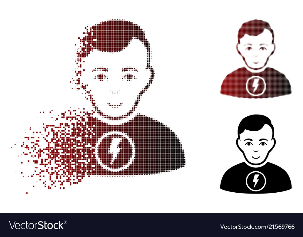 Disintegrating dot halftone power man icon vector image Disintegrating dot halftone power man icon