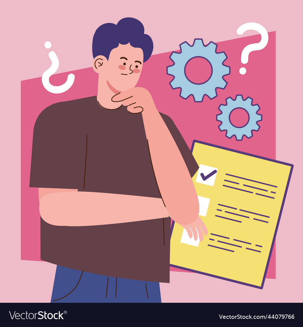 Man and question marks with gears