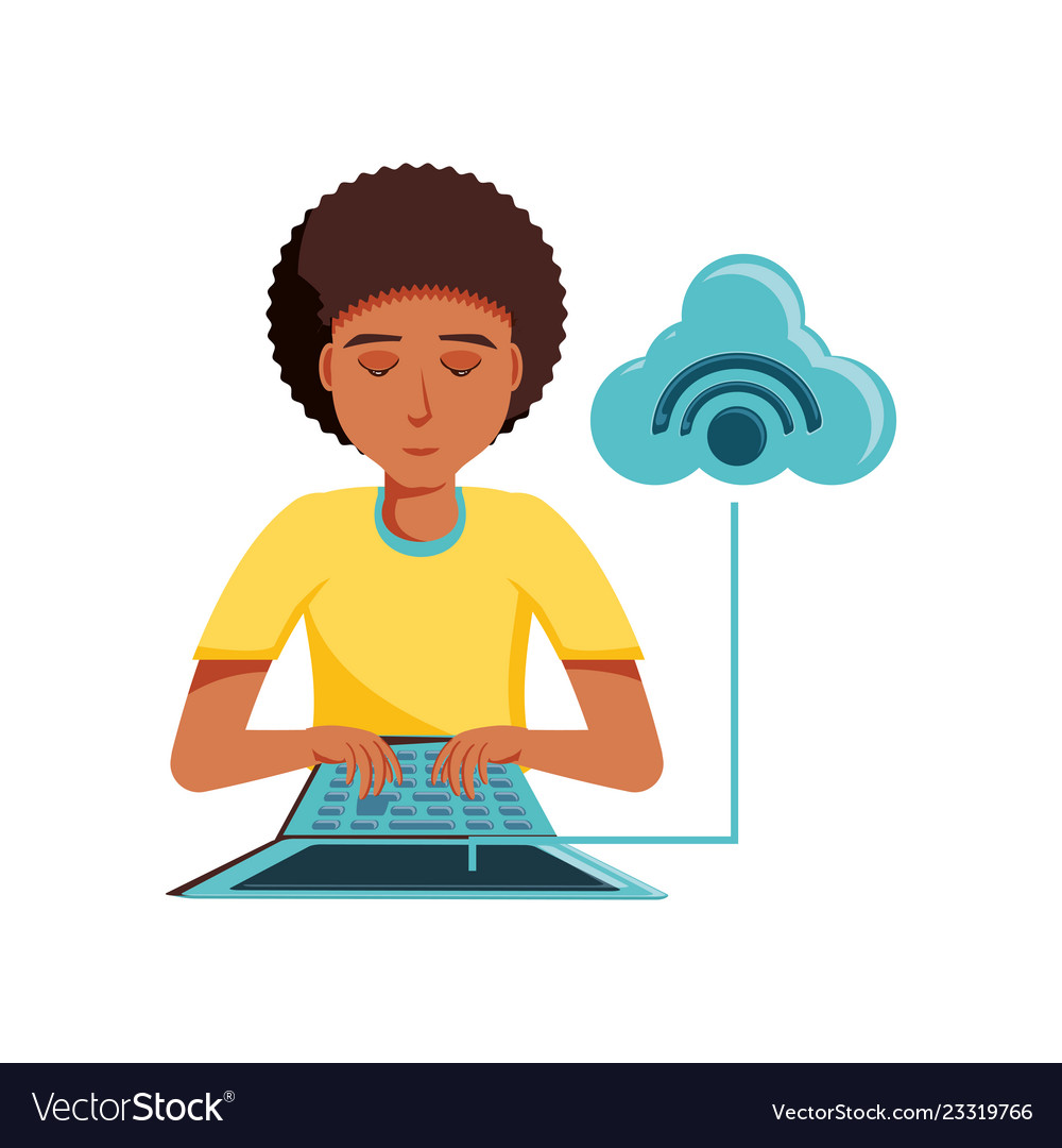 Man black with laptop and cloud computing