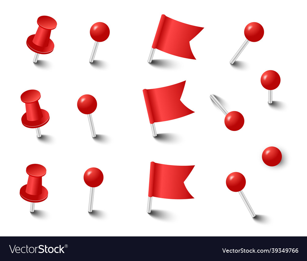 Red pins tacks flags attach buttons on needles vector image Red pins tacks flags attach buttons on needles