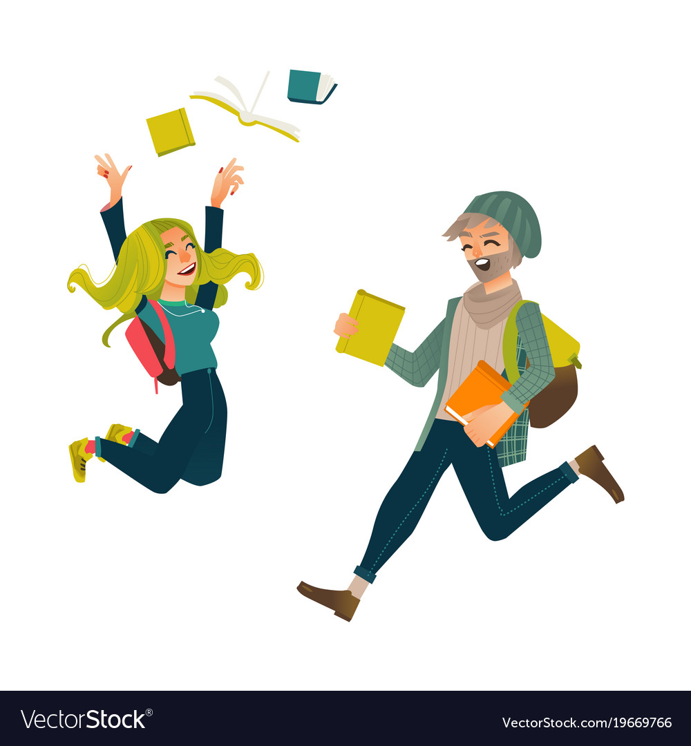 Students boy and girl jumping from happiness