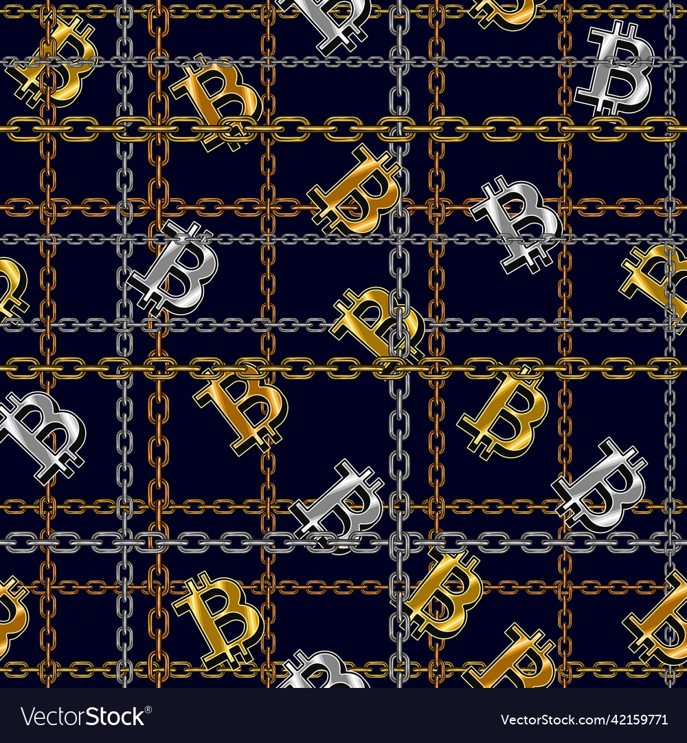 Checkered pattern with chains bitcoin symbols vector image Checkered pattern with chains bitcoin symbols