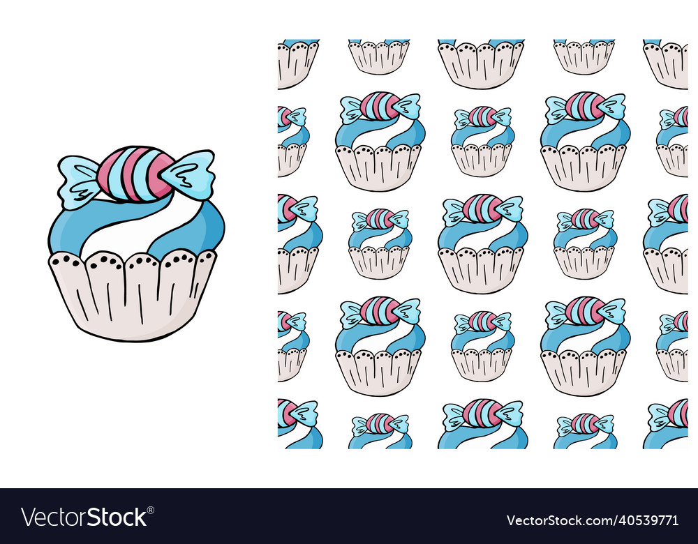 Cupcake muffin set of element and seamless pattern vector image Cupcake muffin set of element and seamless pattern