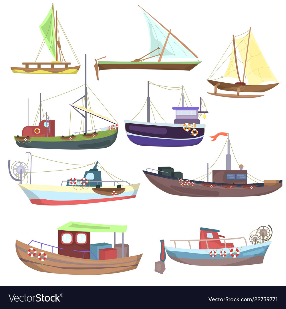 Sea fishing vessels and boats ships Royalty Free Vector