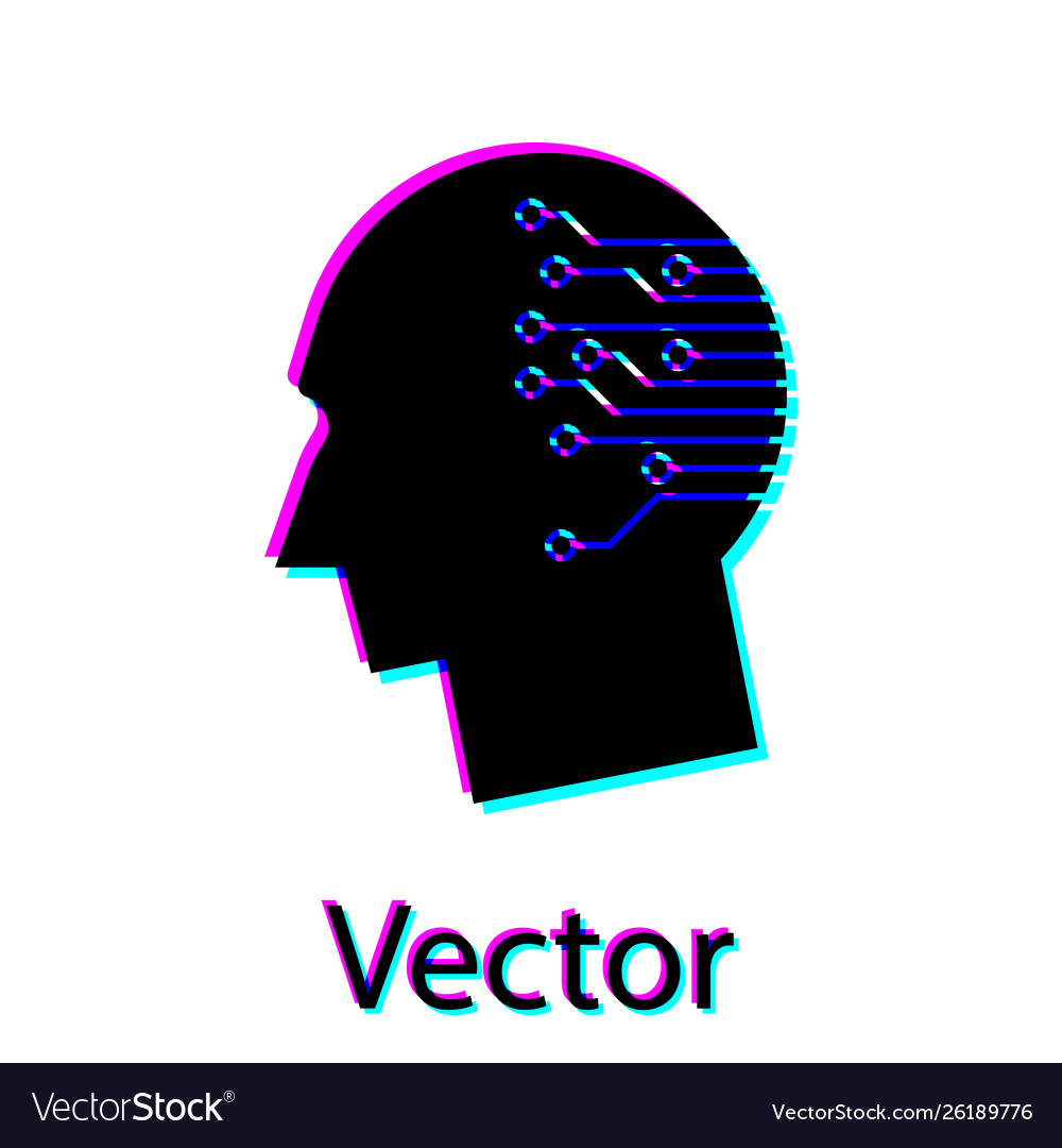 Black human brain as digital circuit board icon