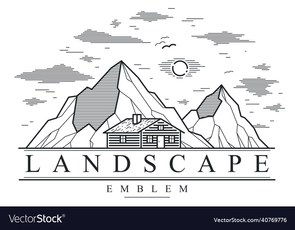 Cabin in mountains linear nature emblem isolated