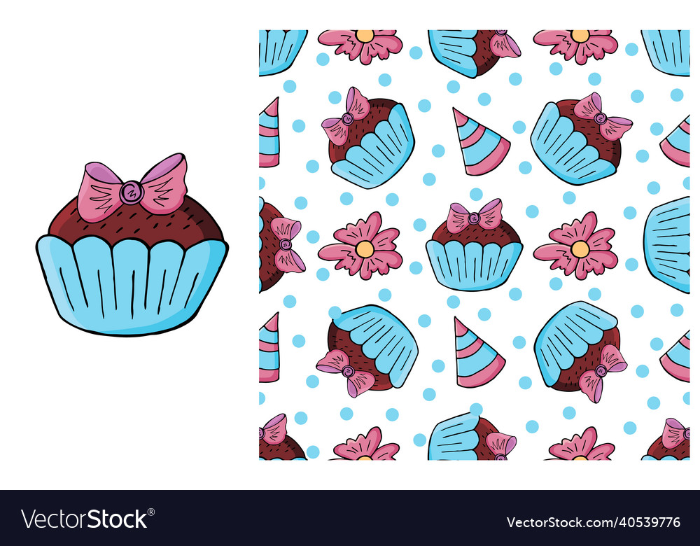 Cupcake muffin set of element and seamless pattern vector image Cupcake muffin set of element and seamless pattern