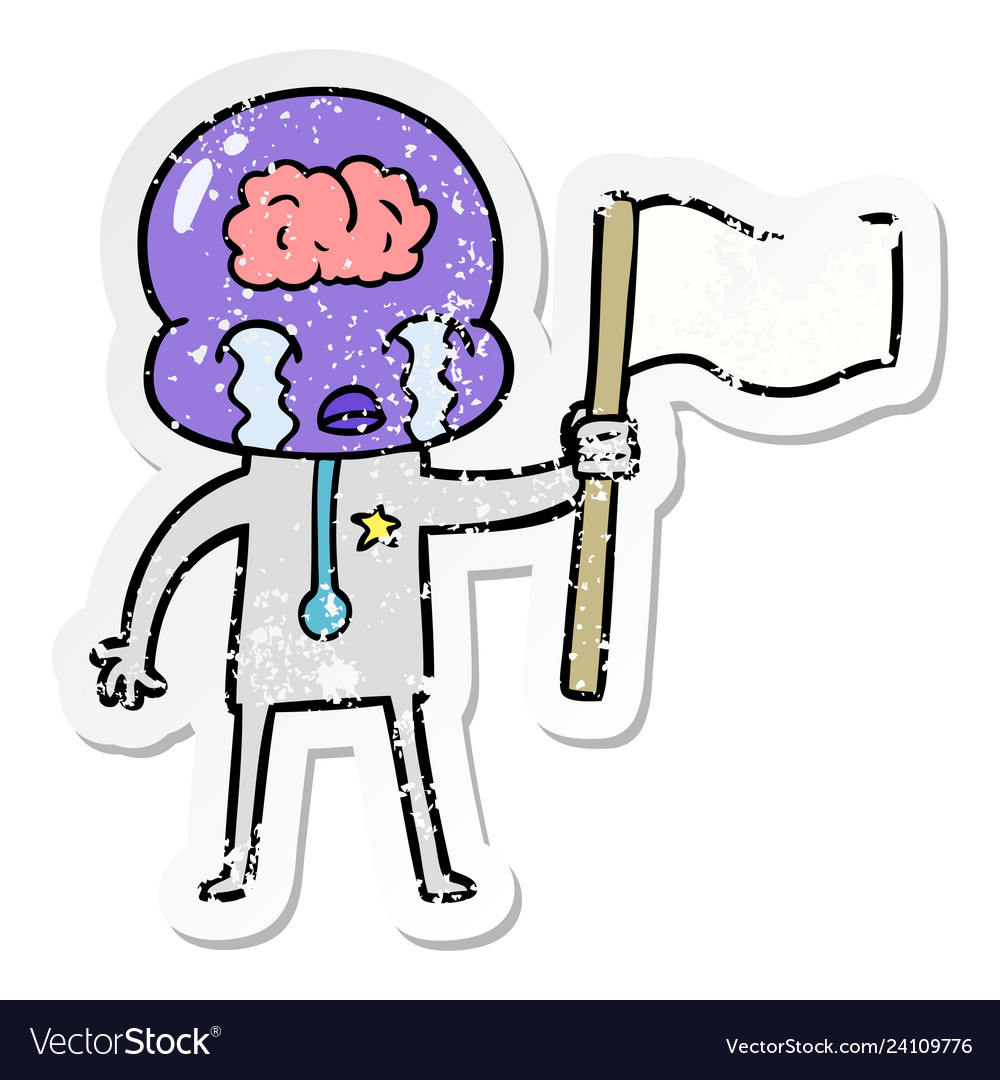 Distressed sticker of a cartoon crying big brain