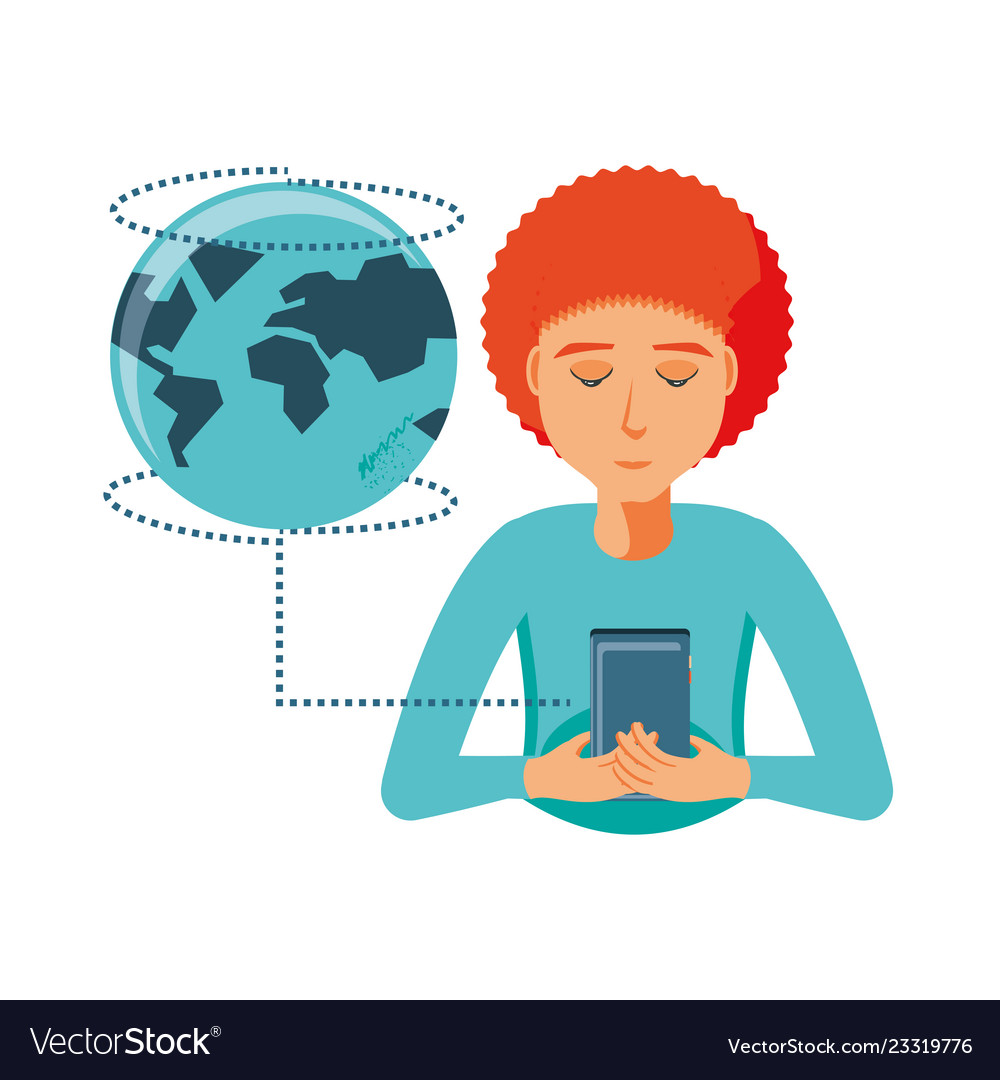 Man with smartphone device and planet earth