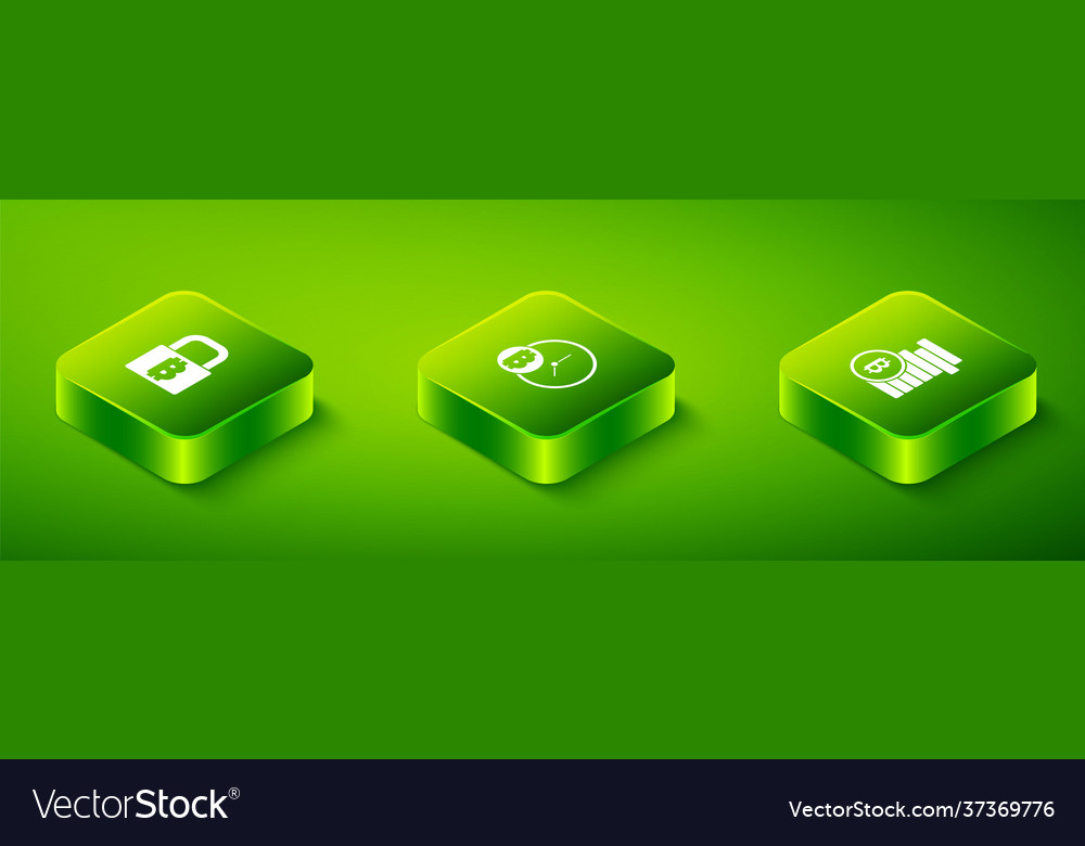 Set isometric bitcoin with clock and lock vector image Set isometric bitcoin with clock and lock