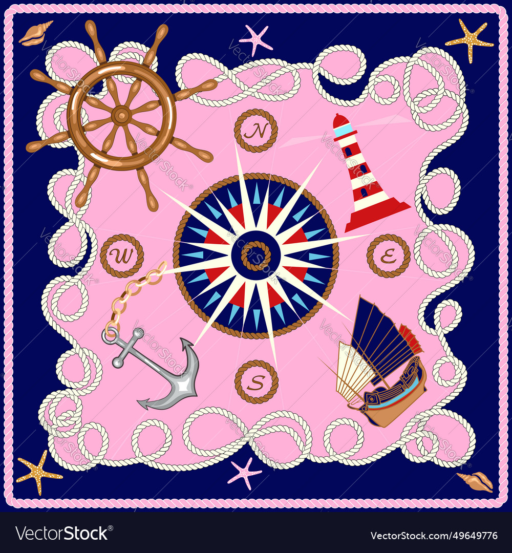 Silk scarf design with rope ship wheel lighthouse Vector Image Silk scarf design with rope ship wheel lighthouse