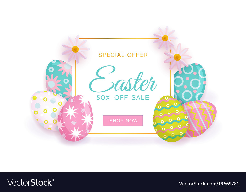 Easter Sale Banner With Text Eggs And Flowers Vector Image