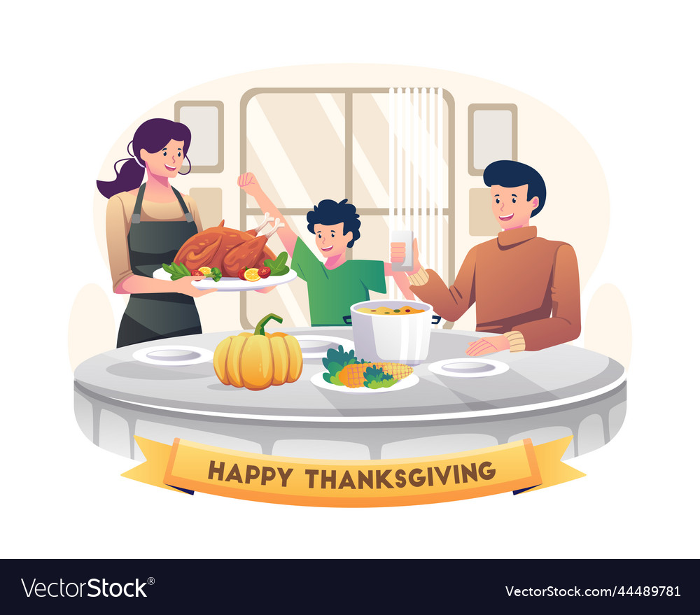 Family celebrates thanksgiving by having dinner Vector Image
