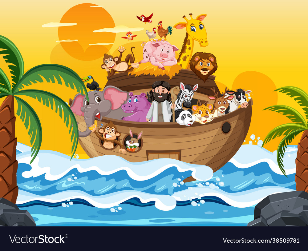 Noahs ark with animals in ocean scene