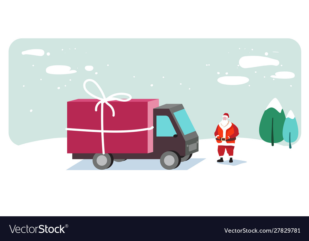 Santa claus neat truck with gift box container vector image Santa claus neat truck with gift box container