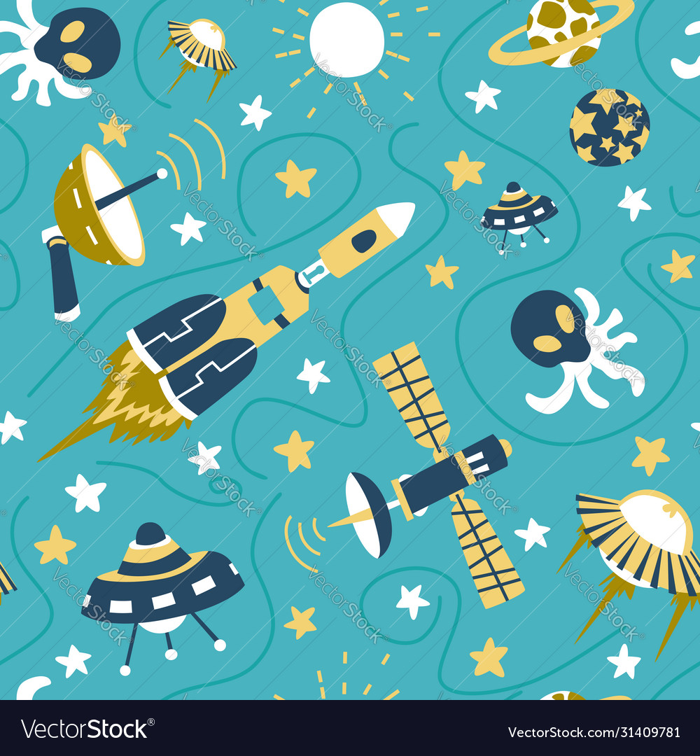 Seamless background with spaceships and stars vector image Seamless background with spaceships and stars