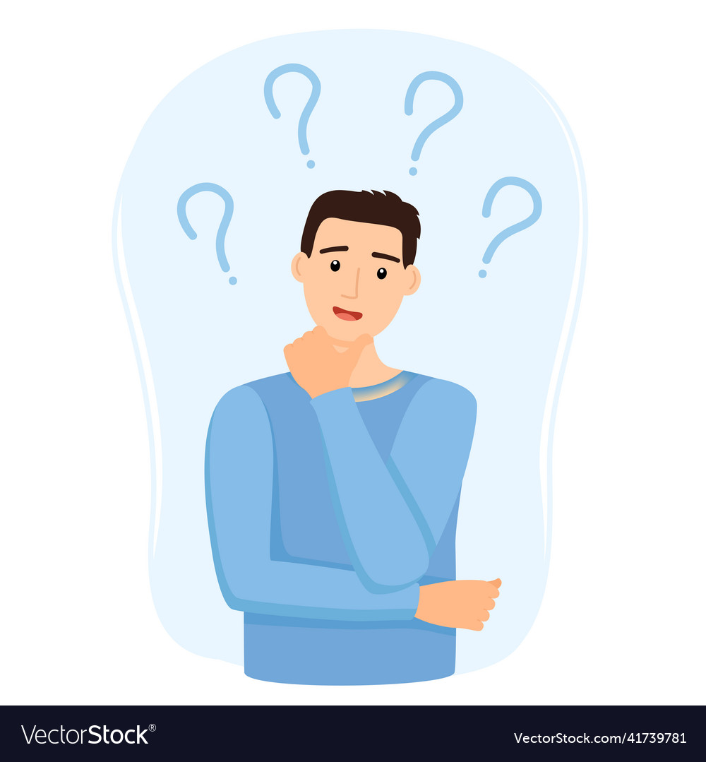 Thinking man with question marks Royalty Free Vector Image