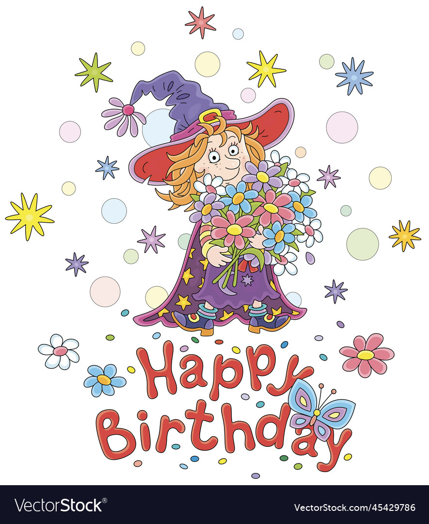 Birthday card with a little witch and flowers Vector Image