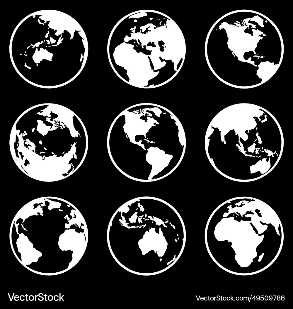 Black And White Earth Globe Set Wrapped World Map Vector Image