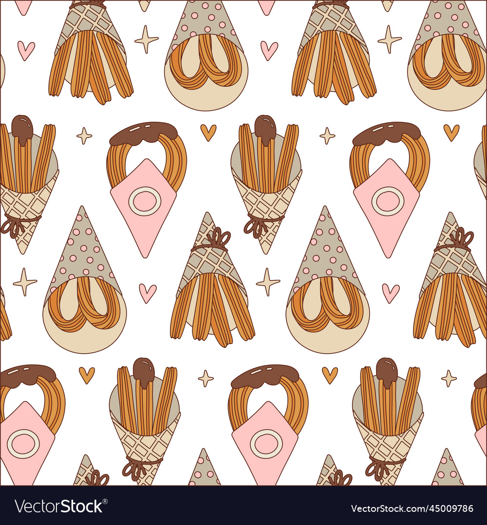 Colorful churros seamless pattern various types vector image Colorful churros seamless pattern various types