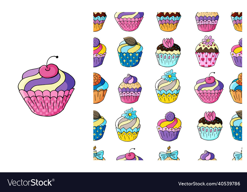 Cupcake muffin set of element and seamless pattern vector image Cupcake muffin set of element and seamless pattern