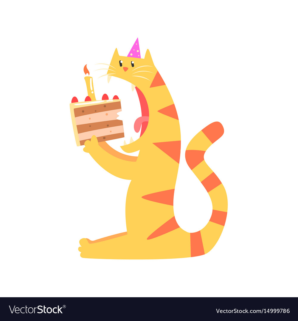 Cute cartoon tiger biting piece cake happy Vector Image