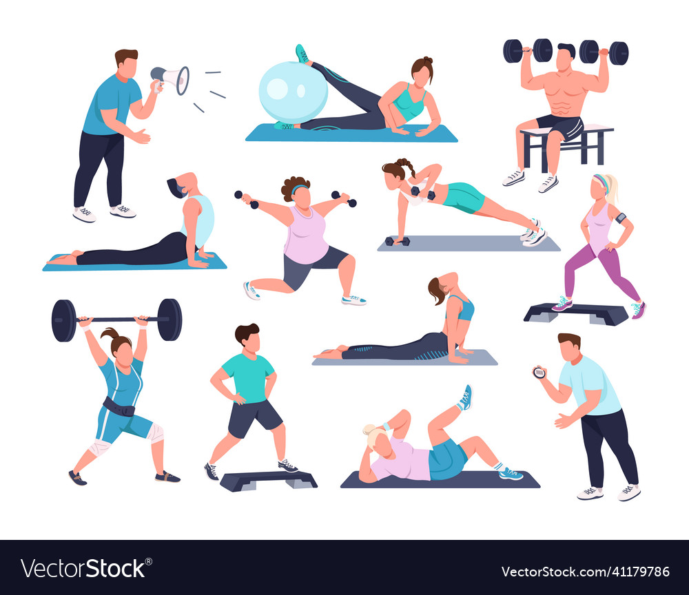 Gym exercise semi flat color character set Vector Image