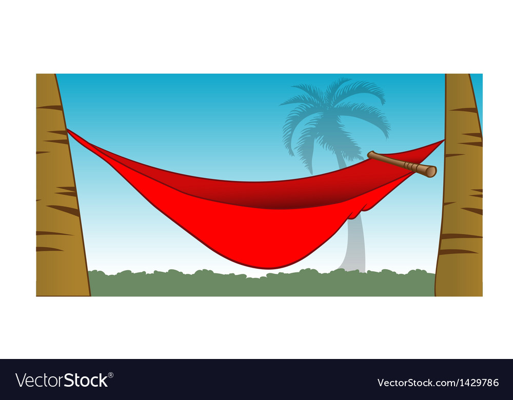 Red hammock between palm trees