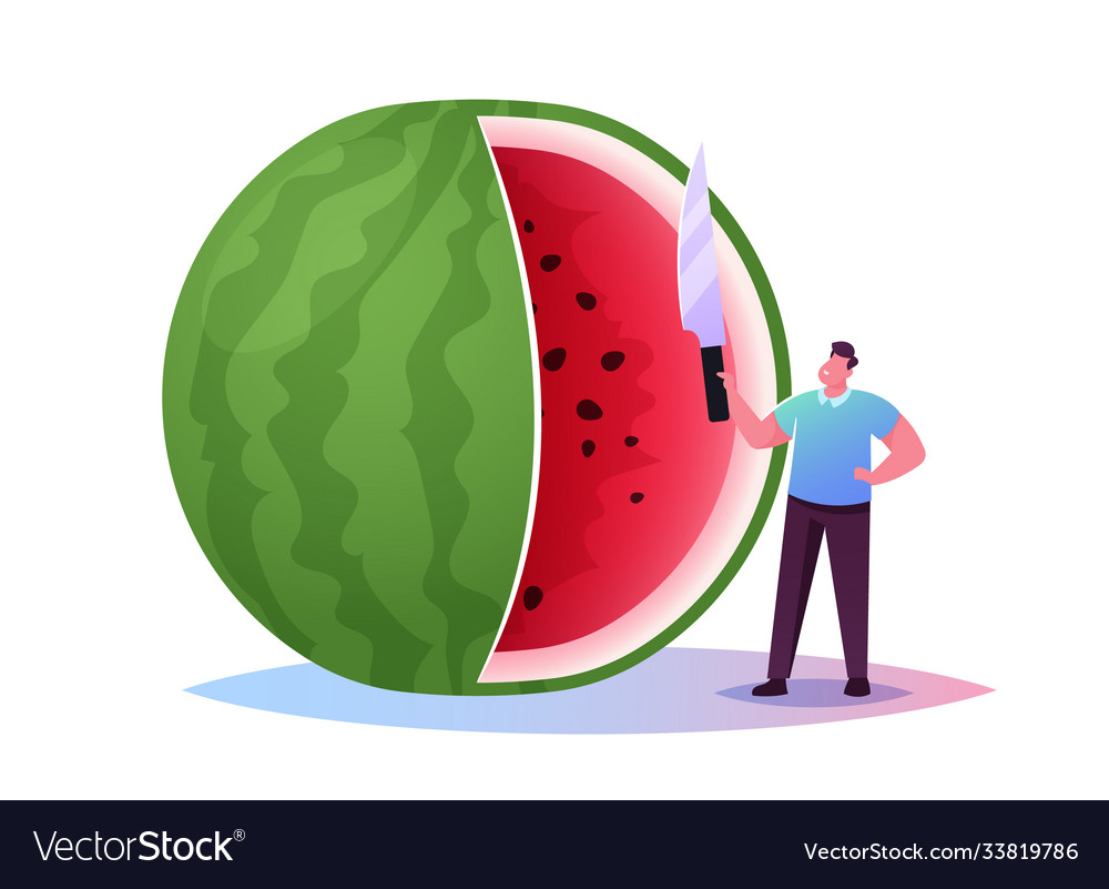Tiny character enjoy refreshing huge watermelon