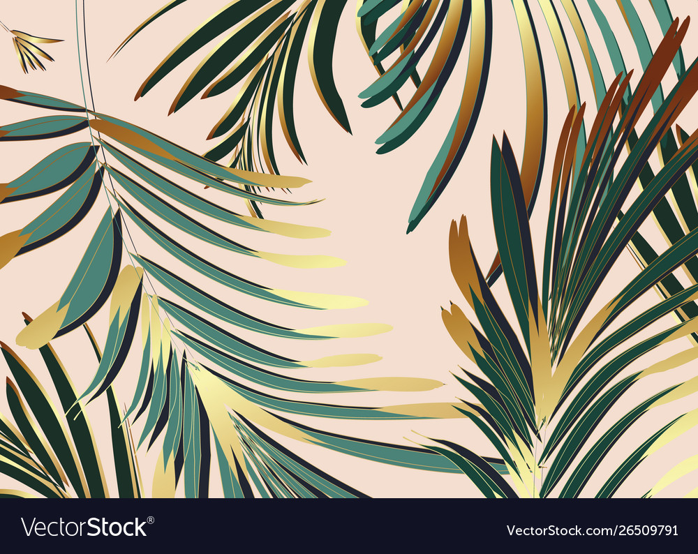 Background with gold green palm leaves glitter Vector Image