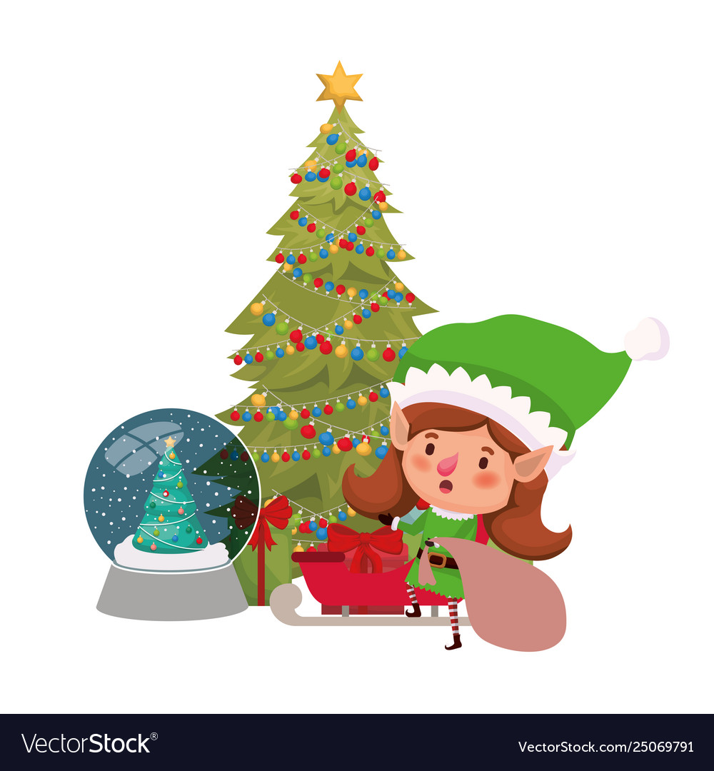 Elf woman with sled and christmas tree avatar Vector Image