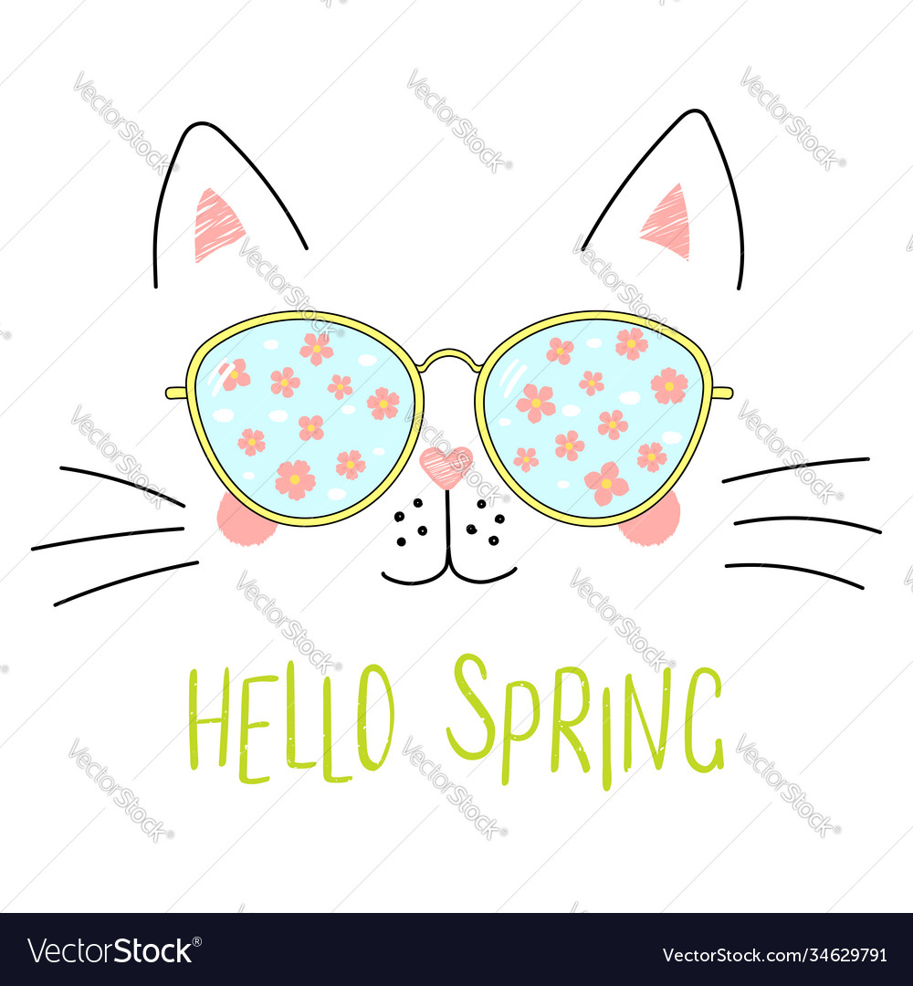 Hello spring lettering with cat in glasses Vector Image