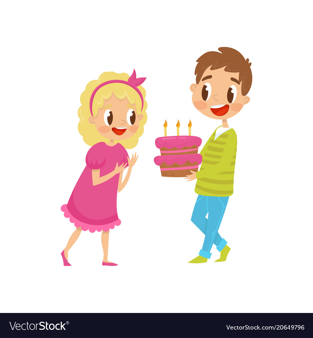 Cute Little Kids At Party Boy Holding Birthday Vector Image