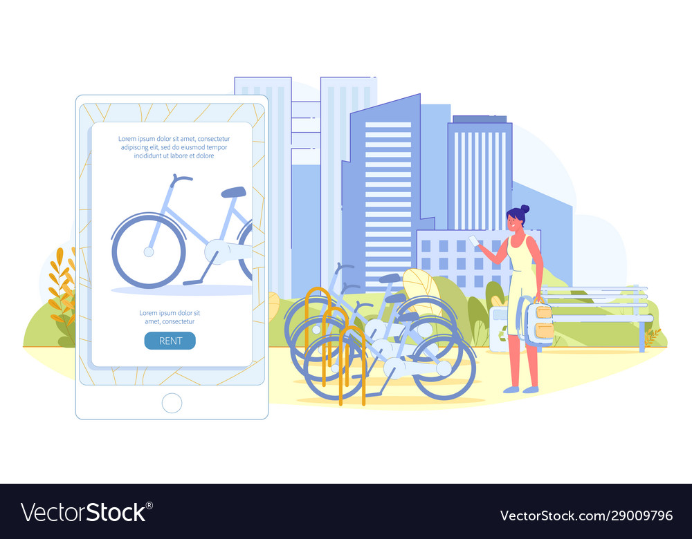 Flat Banner Girl Pays Bike Rental Internet Vector Image