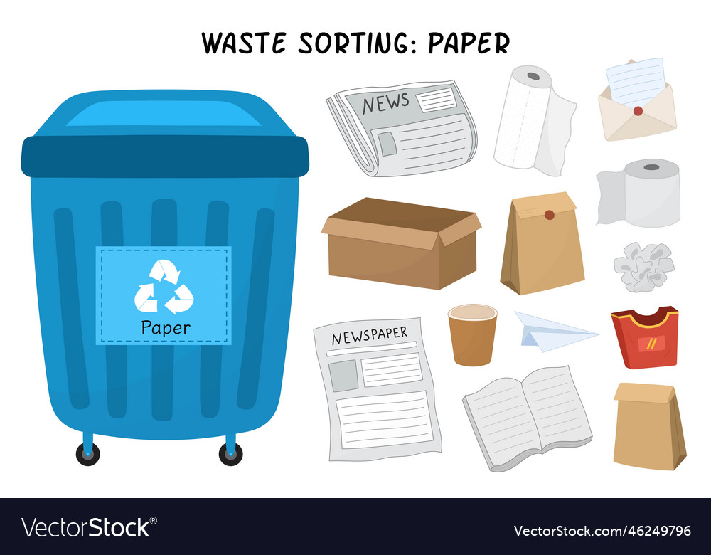 Paper waste sorting set blue trash can for Vector Image